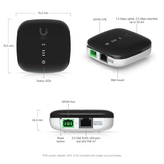 Unitate optică ONU GPON WaveFiber UniFi Ubiquiti, 2.5 GbE, Wave-Fiber-ONU